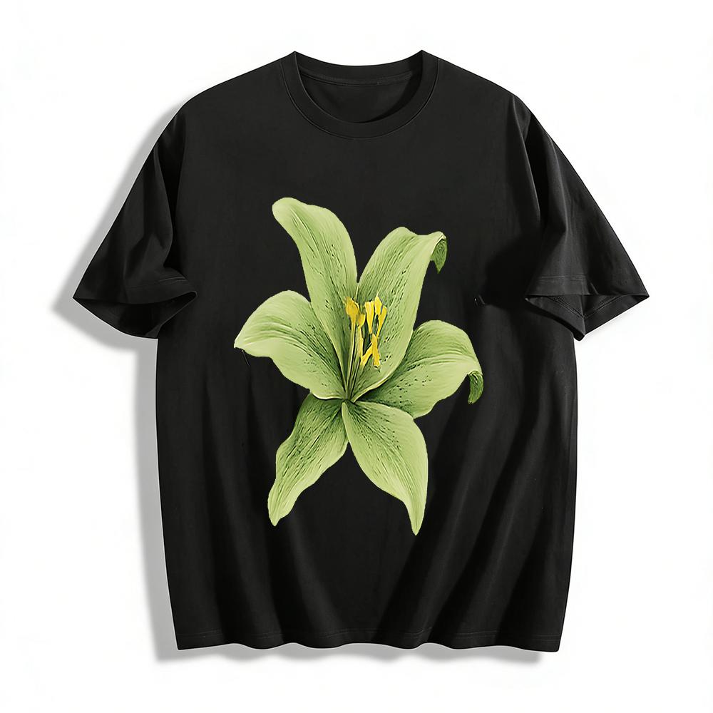 

Green Lily Print Casual T-shirt Loose Fit Breathable Comfortable Top for Daily Commute Vacation Pure cotton T-shirt XXS