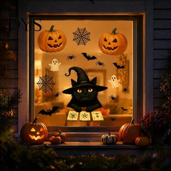 Halloween Glass Stickers Cute Black Cat Window Clings, Pumpkin Ghost Bat Spider Easy Apply Clings Decals, Non-Adhesive for Door Party Holiday