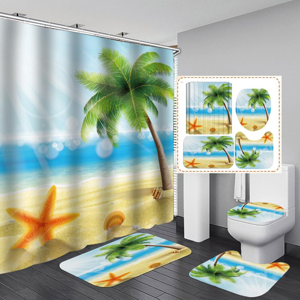 4ks Beach Starfish Series Sady sprchových závěsů do koupelny Protiskluzové Koupelnové koberečky Víko WC Kryt Koupelnová předložka