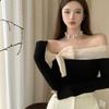 Coquette Off Shoulder Black T-shirts Women Korean Style Chic Bow Brown Long Sleeve Tees Sweet Sexy Patchwork Slim Tops
