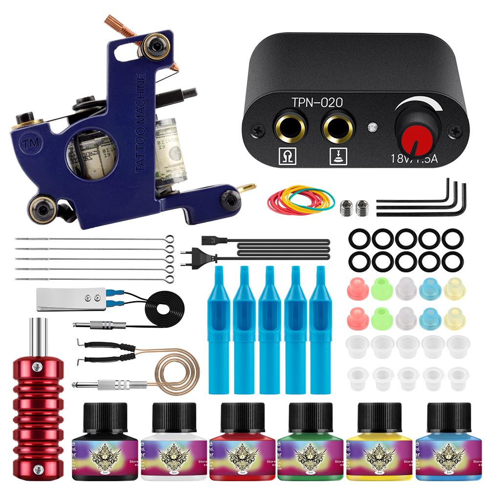 

PHOENIXY Starter Tattoo Machine Kit Coil Gun Набор пигментных чернил Black Power Tattoo Grip 6 цветов Иглы с чернилами для татуировки Полный комплект для боди-арта Set 02