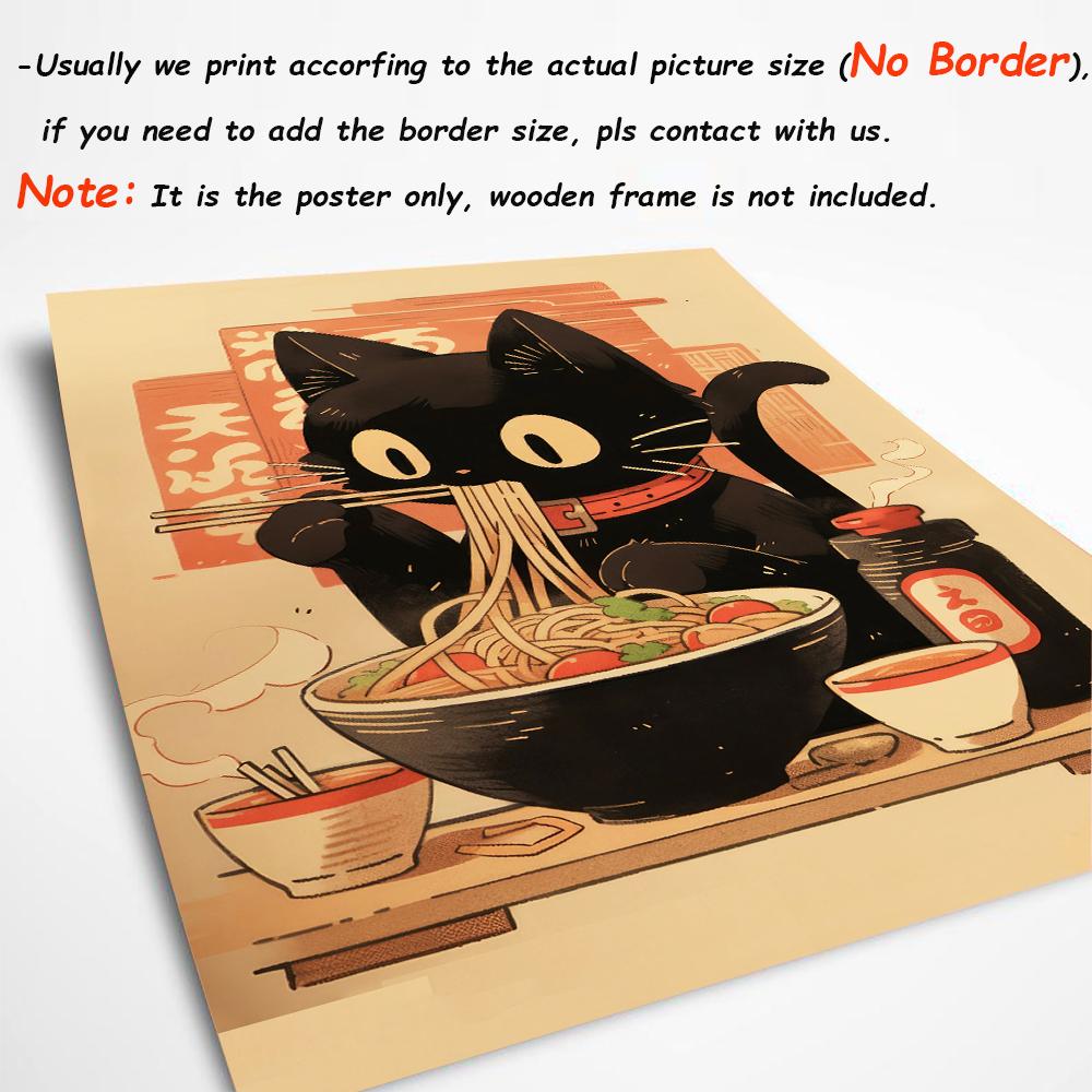 Japanese Noodle Black Cat Posters Funny Ramen Noodles Kitchen Wall Art PrintsCanvas Painting Pictures for Restaurant Home Decor