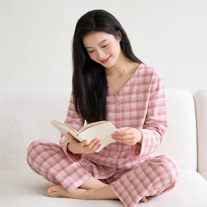 Dingguagua Women's Pure Cotton V-Neck Loungewear Set