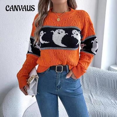 Autumn and Winter Women's Halloween Theme Spooky Clash of Colours Knitted Long Sleeve Pullover Sweater