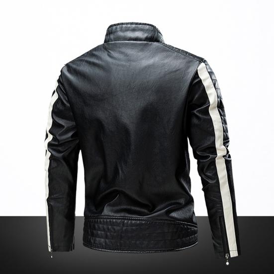 Men Jacket Color Block Slim Windproof Faux Leather Stand Collar Outerwear for Working