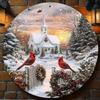 Vintage Cardinal Winter Church Metal Wall Art Snowy Scene Red Birds Holly Christmas Gift