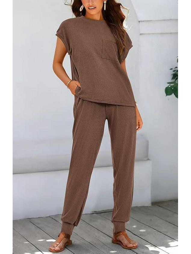 2026 Sommer Damen Zweiteiliges Gestreiftes Jogging-Set: Kurzarm-Oberteil & Lange Hose