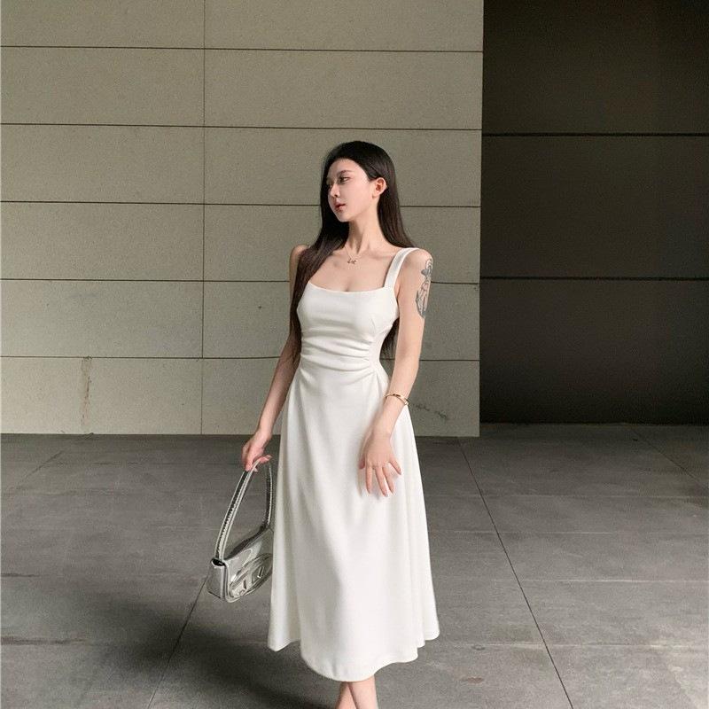 French wind pleated design suspender dress women's spring and summer pure desire wind waist thin a word sleeveless long dress