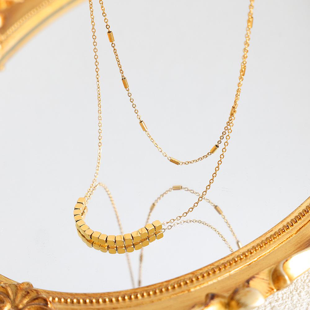 Titanium Steel Double Layer Square Bead Necklace - Non-Fading, Versatile Light Luxury Women's Sweater and Clavicle Chain.