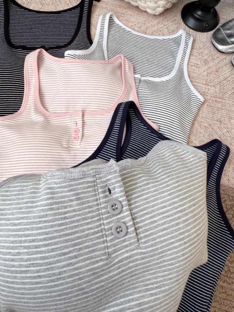 Korean Style Women's Square Neck Vest with Built-in Bra, Retro Stripe Camisole, Slim Fit Spicy Girl Top