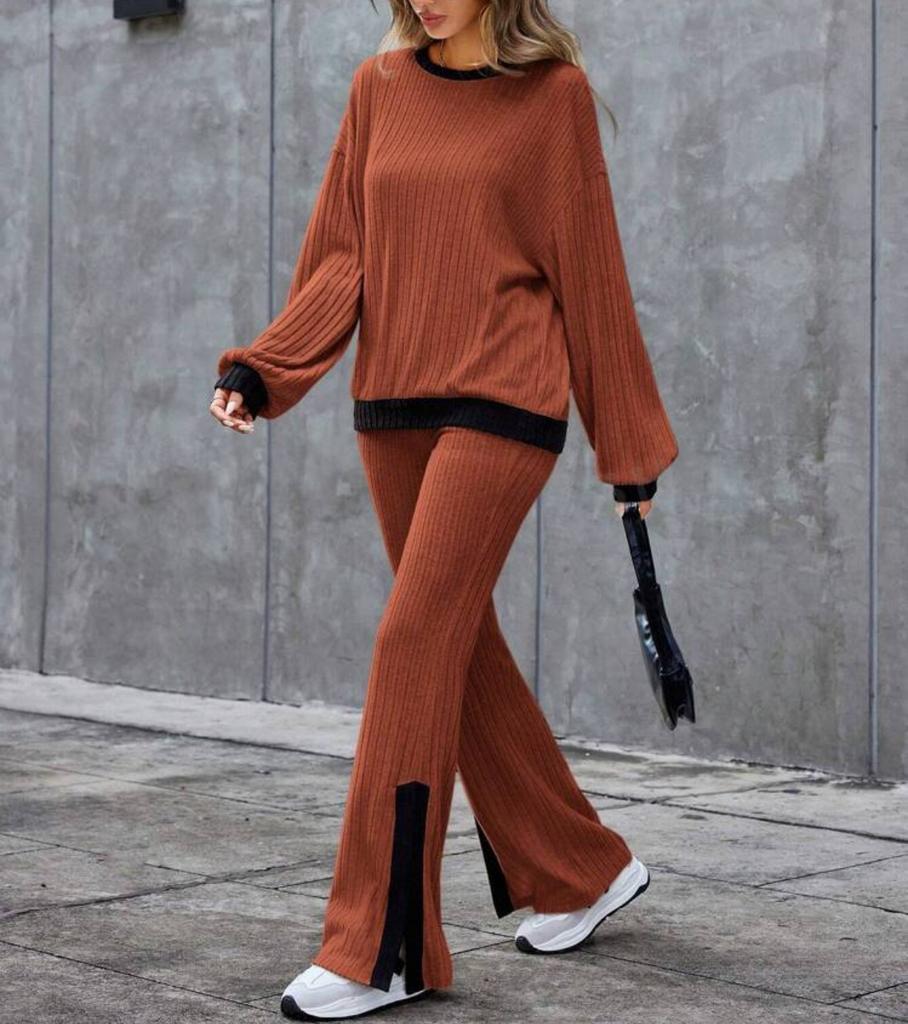 Women's Ribbed Knit Set Long Sleeve Top and Wide Leg Pants with Black Contrast Trim in Beige