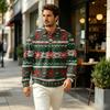 Men's Fall Knit Pullover with Collar and Pocket, Christmas Print Long Sleeve Casual Top