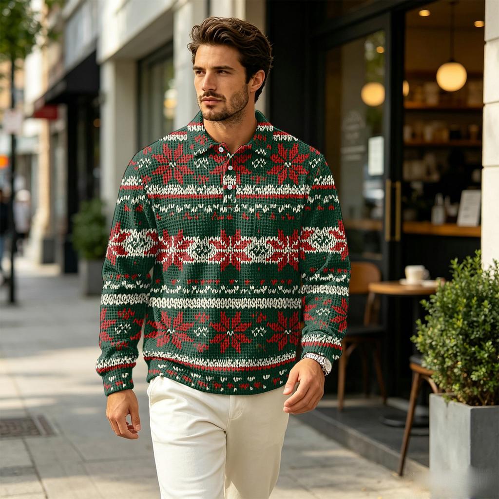 Men's Fall Knit Pullover with Collar and Pocket, Christmas Print Long Sleeve Casual Top