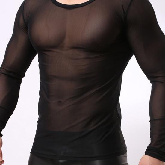 Herren Mesh-Oberteil, ultradünn, durchsichtig, O-Ausschnitt, lange Ärmel, einfarbig, dehnbar, Slim Fit, Party, Homewear, Tanz-Performance-T-Shirt