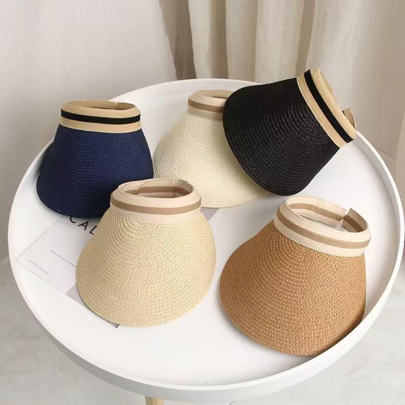 New Summer Raffia Straw Sun Protection Hat Open Top Straw Hat Striped Versatile Uv Protection Women'S Casual Baseball Cap