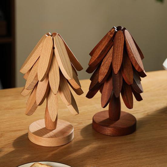 Yousheng Christmas Tree Trivet Set Wooden Coasters with Stand Heat-Resistant Pot Holders Festive Table Protector for Hot Dishes