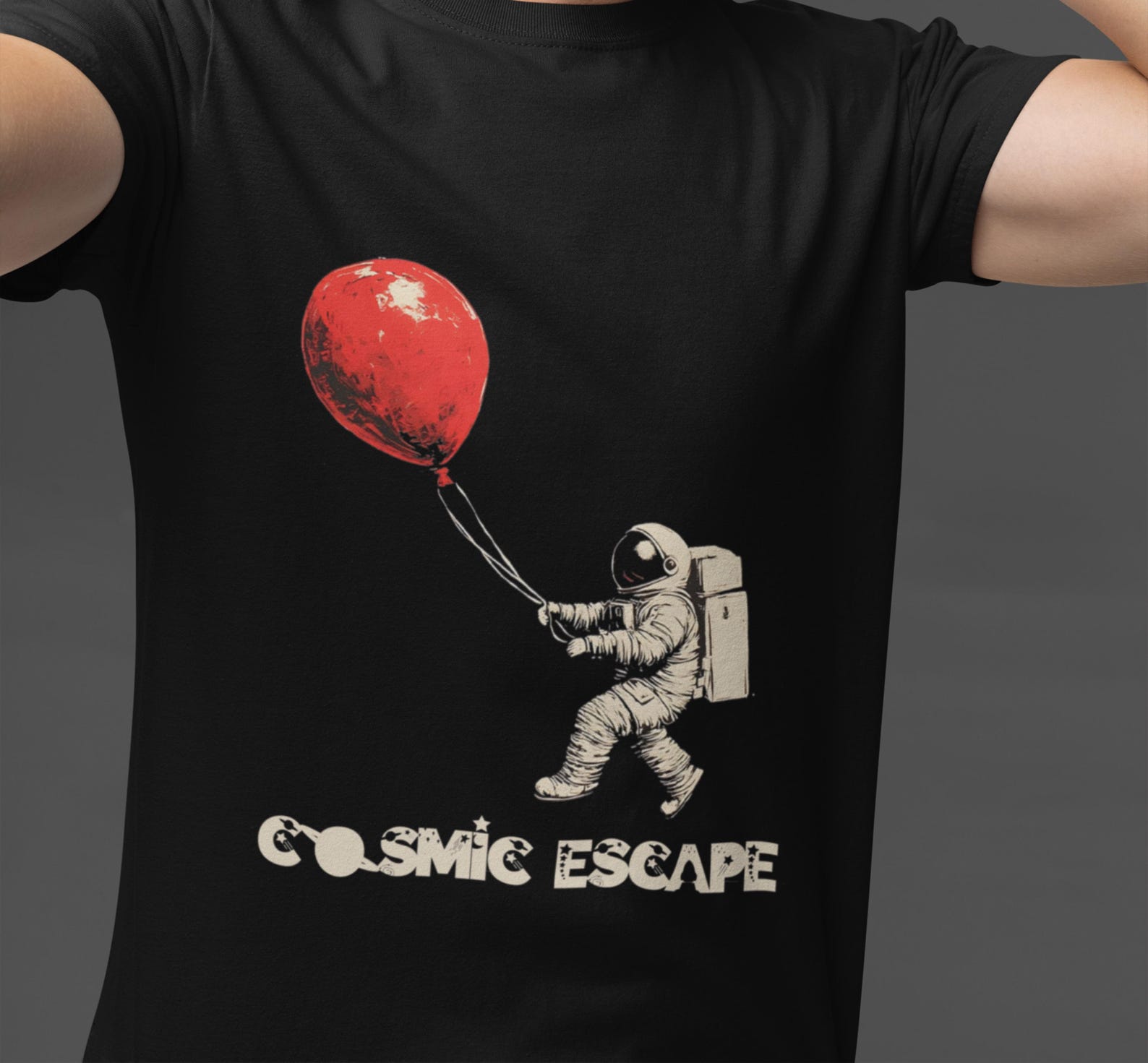 Cosmic Escape Astronaut T-Shirt: Retro Galaxy Balloon Tee L