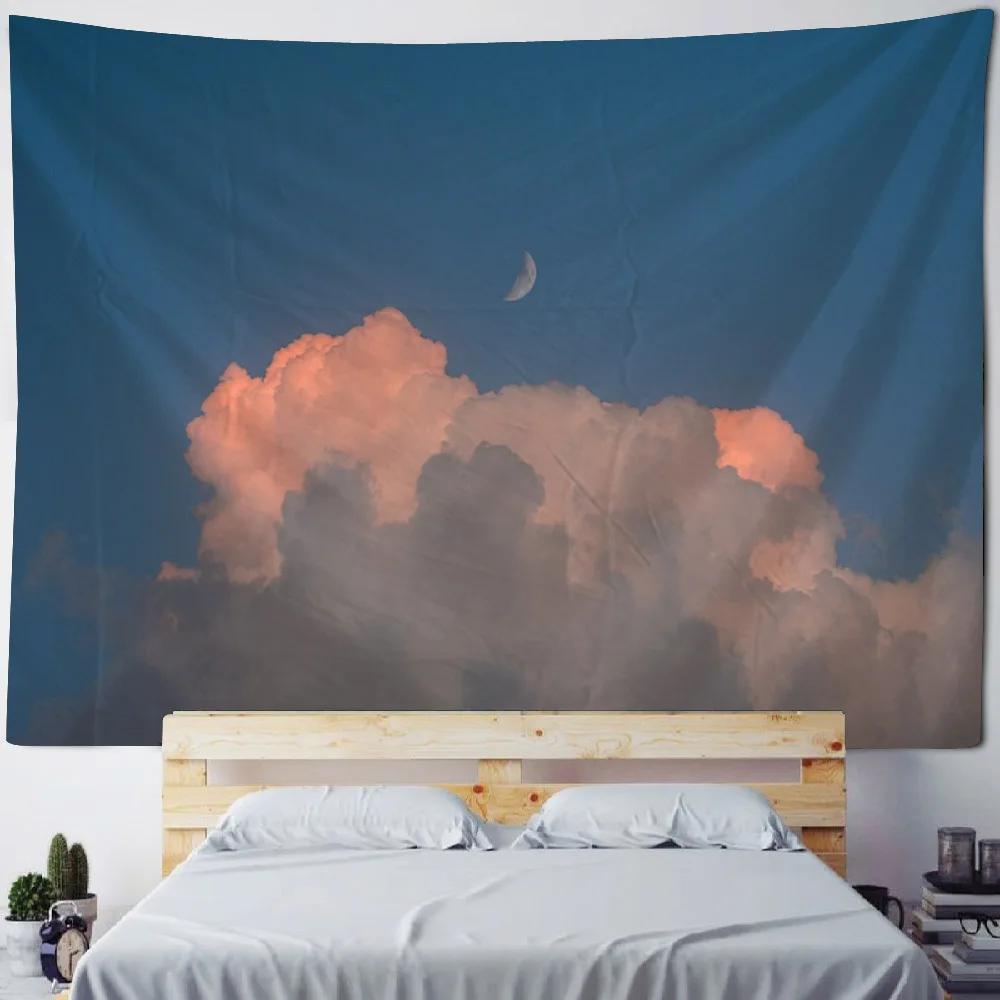 Cartoon Starry Sky Art Tapestry Pink Cloud Moon Wall Hanging Cloth Children's Room Decoration Kawaii Wall Decoration Tapestry