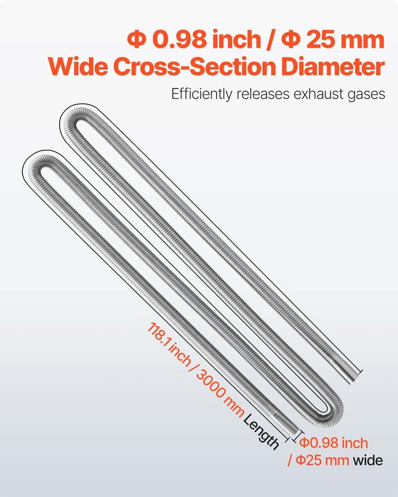 Exhaust Hose, 3000mm Stainless Steel Exhausts Hose, Diesel Heater Flexible Exhaust Pipe with 2 Hose Clamps, Exhausts Hoses Kit Diesel Heater