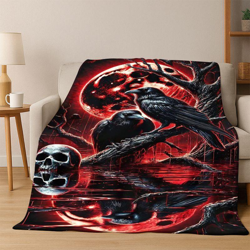Gothic Raven Crow Skull Cartoon Flannel Blanket Soft Warm Blanket Throw Blanket for Bedroom Living Room Bed Travel Camping Gift