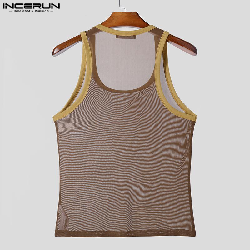 INCERUN Débardeurs à bretelles transparentes pour hommes Hauts transparents en maille patchwork