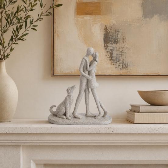 Modern Abstract Couple with Dog Resin Figurine, Romantic Man and Woman Statue Sculpture, Home Decor for Living Room Bedroom Office