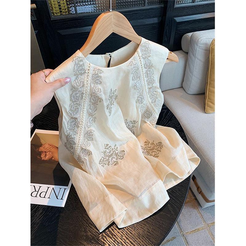 Women Floral Embroidery Round Neck Back Button Sleeveless Linen Blouse M абрикосовый