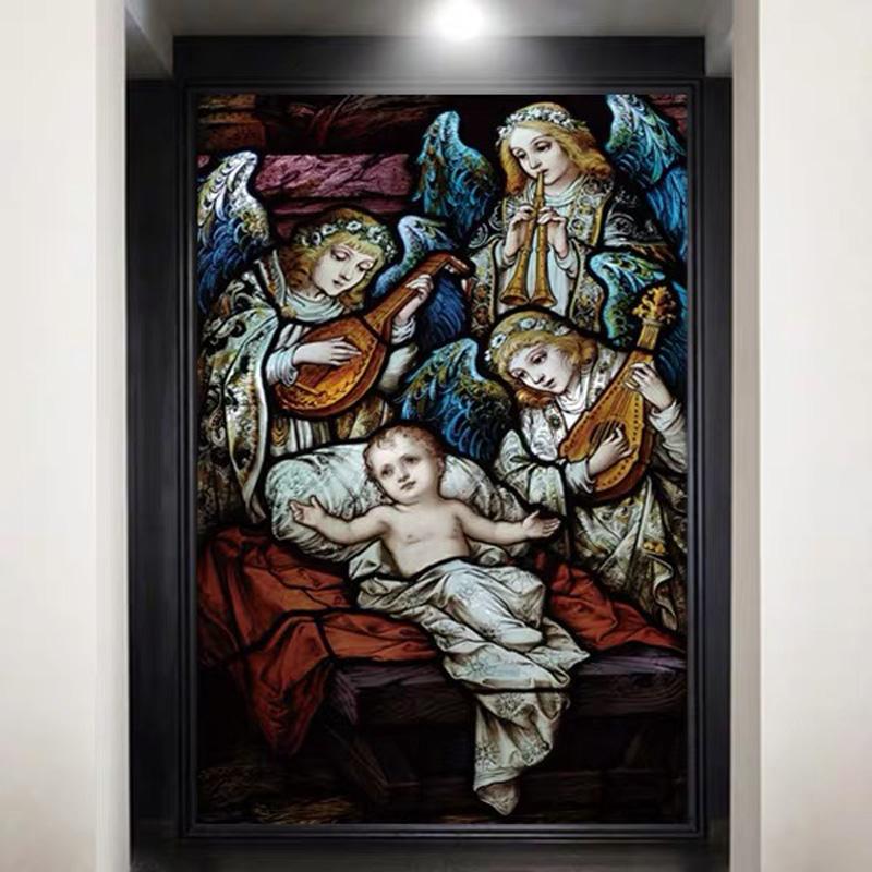 Custom Size Stained Glass Window Film Jesus Virgin Mary Static Cling Frosted Glass Decal for Home Church Door Decor