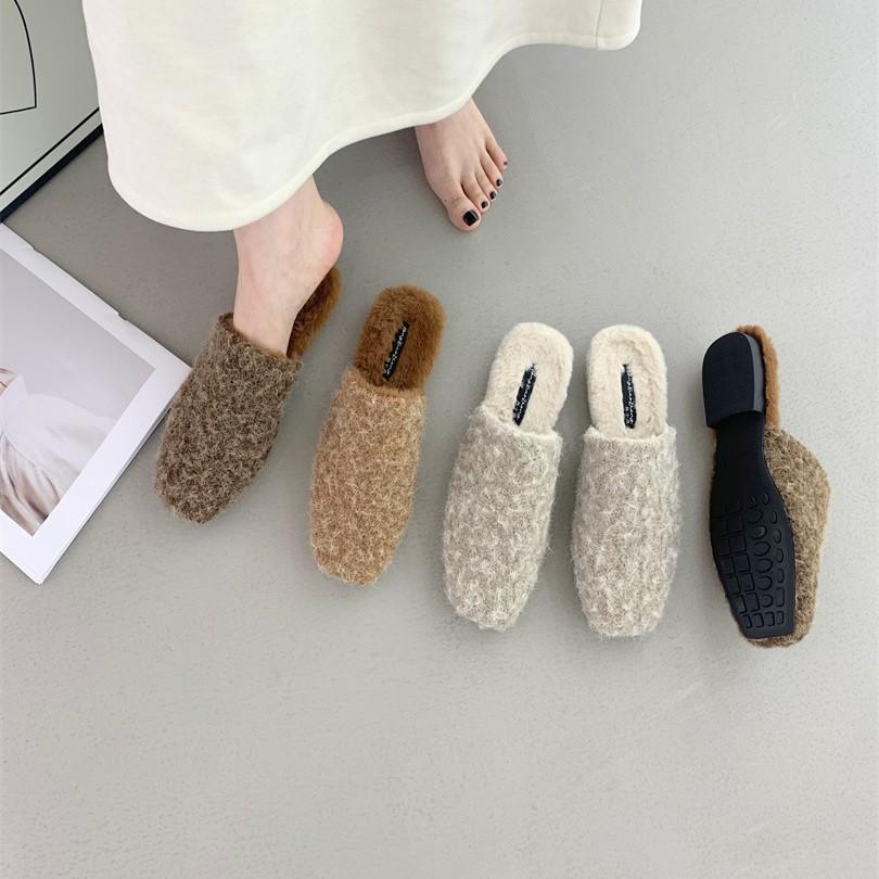 2025 new autumn and winter flat-bottomed retro bag head half slippers plush shoes cotton mop