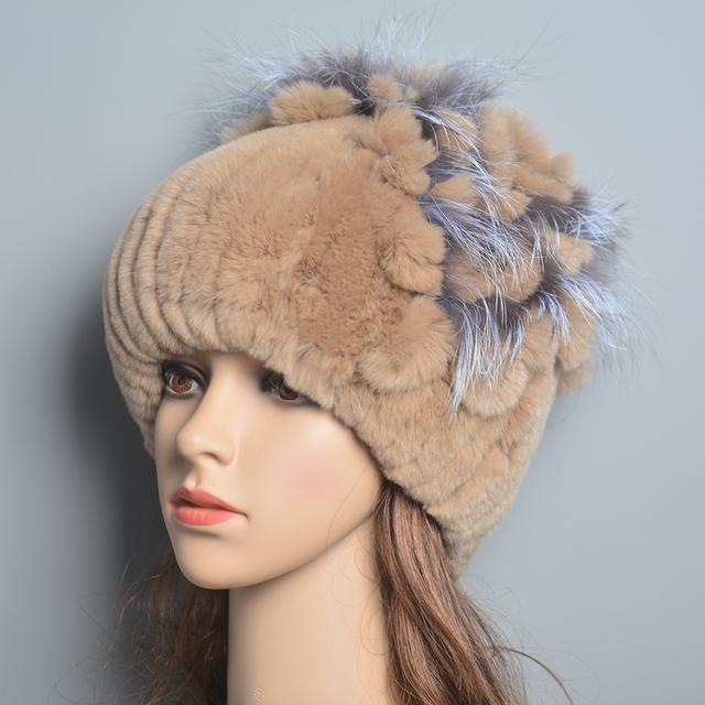 Brand Women Genuine Rex Rabbit Fur Hats Winter Rex Rabbit Fur Beanies Striped Top Flower Fox Fur Warm Real Fur Knit Caps