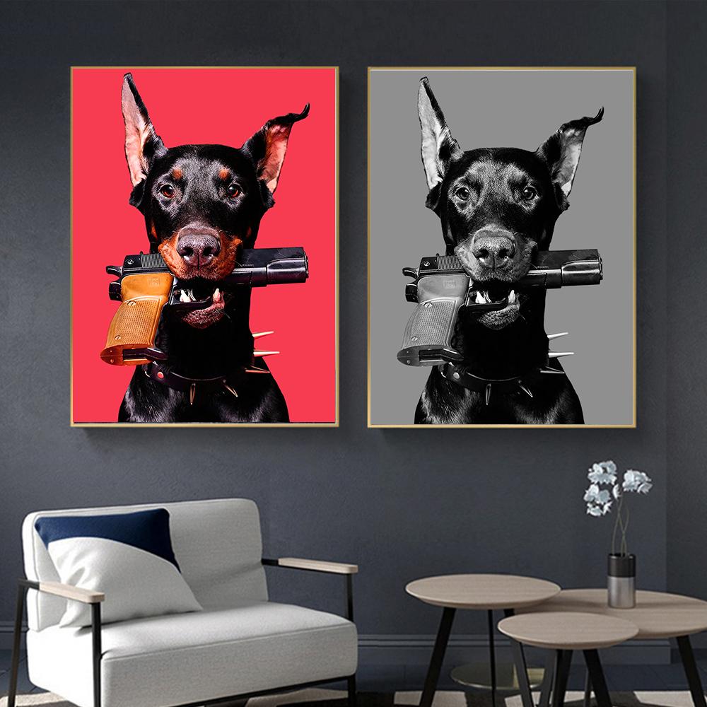 Hypebeast Modern Black White Doberman Gun Luxury Fashion Poster Prints Canvas Painting Wall Art Picture Nordic Room Home Decor