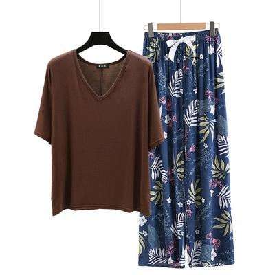 V Neck Tshirt with Poplin Floral Wide Leg Pants Summer Cool Pajamas Sets Loose Casual Homewear 2pcs Suit Rayon Loungewear All Match