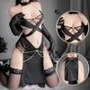 Women Cosplay Catgirl Uniform Halloween Evil Cat Women Sexy Lingerie Set Cross Strip Metal Chain Dress Women Role Play Costumes