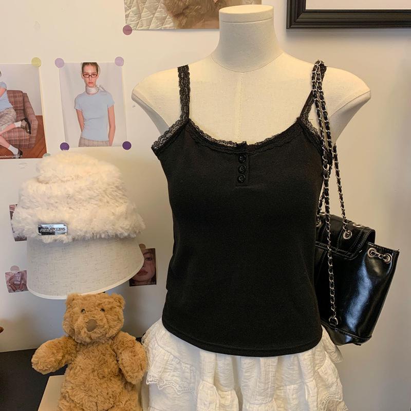 Damski top kamizelka koronkowy w stylu koreańskim z blokami kolorów – jesienny, dopasowany, ciepły i bez rękawów