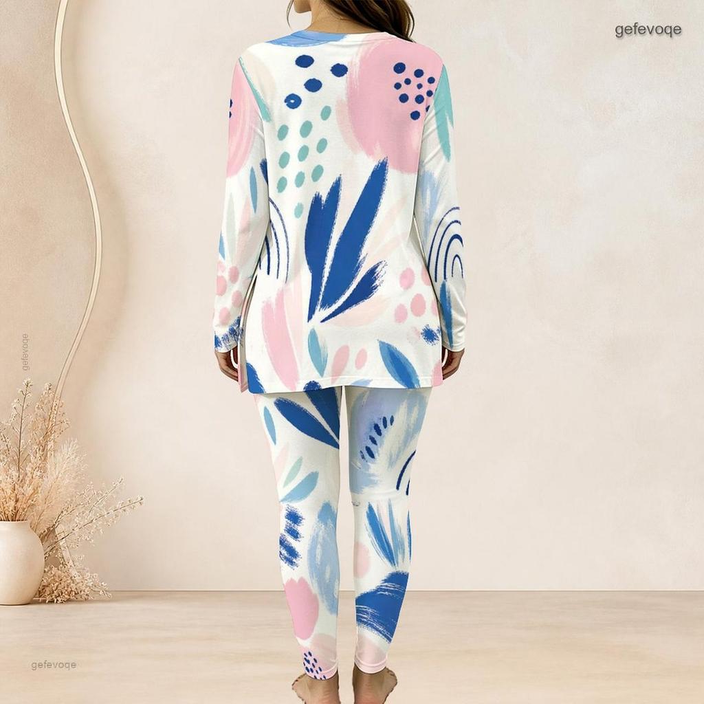 Women Plus Size Printed Half Zip Long Sleeve Longline Top Fitted Pants Two Piece Set