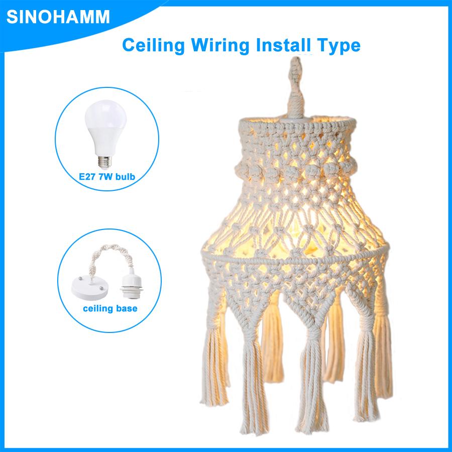 Boho Lamp Plug in Pendant Light Fixture with bulb,Plug in cord Ceiling Light Hanging Handmade Macrame Bedroom Livingroom Decor