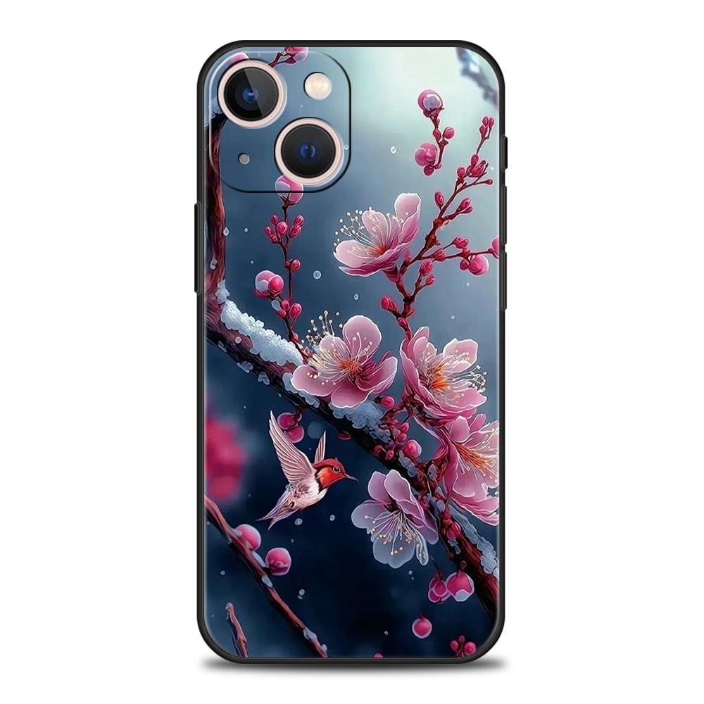 Kirschblüten Handyhülle Für iPhone 17 16 15 Pro Max 11 12 13 14 7 8 Plus SE 2020 X XR XS Hülle Weich Schwarz