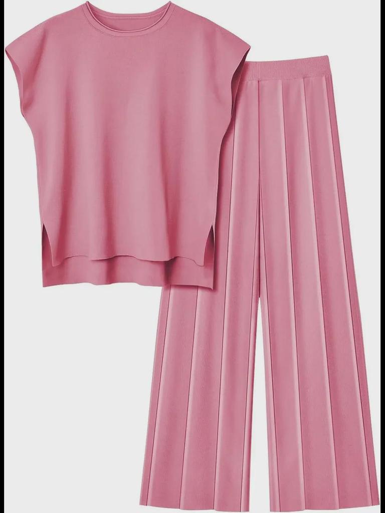 2025 European & American Women's Knit Casual Sleeveless Vest & Wide-Leg Pants Set