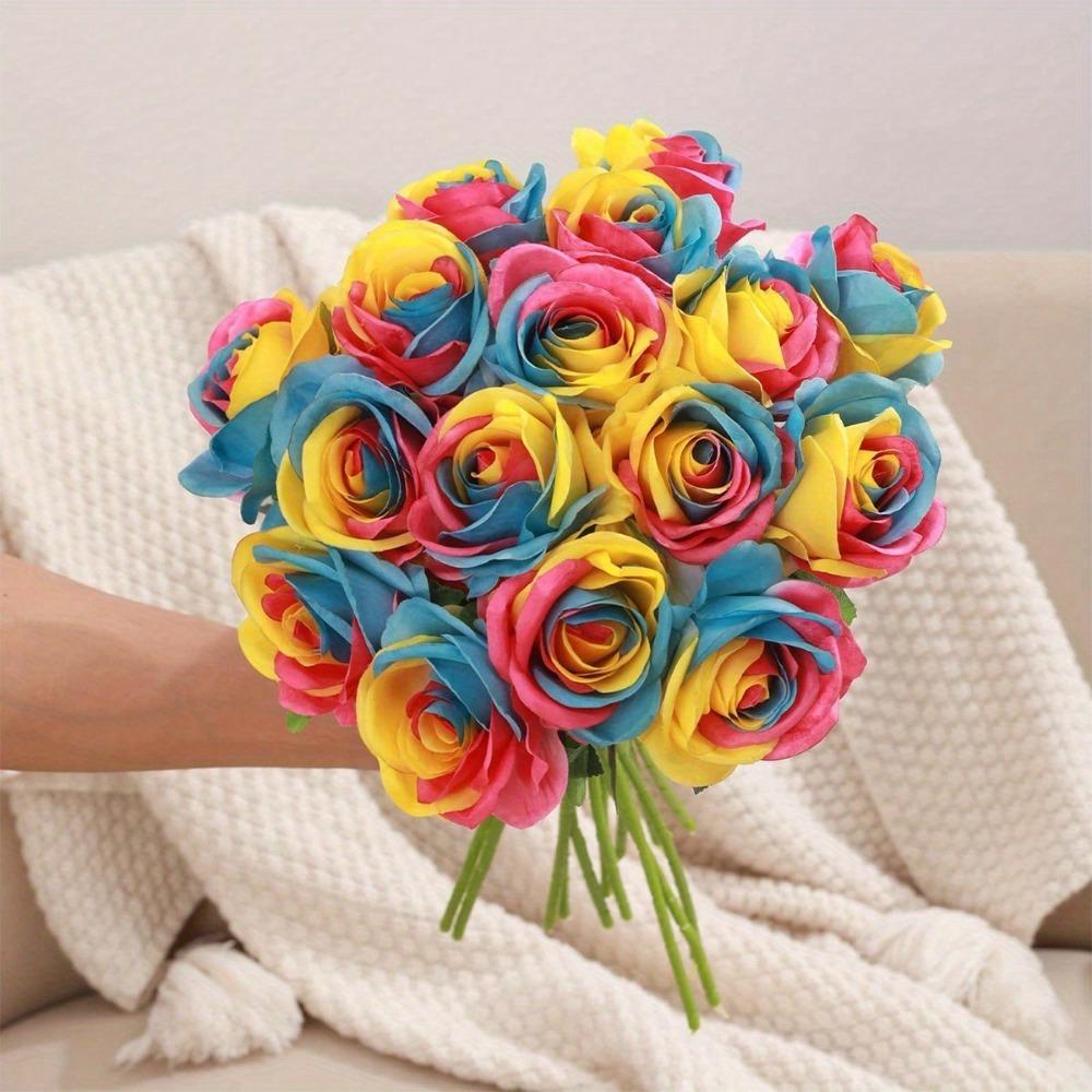 10 Pcs 50cm Rainbow Fake Roses Artificial Flowers Fake Artificial Roses Silk Flowers with Stems for Home Wedding Hotel Office Centerpiece Decor