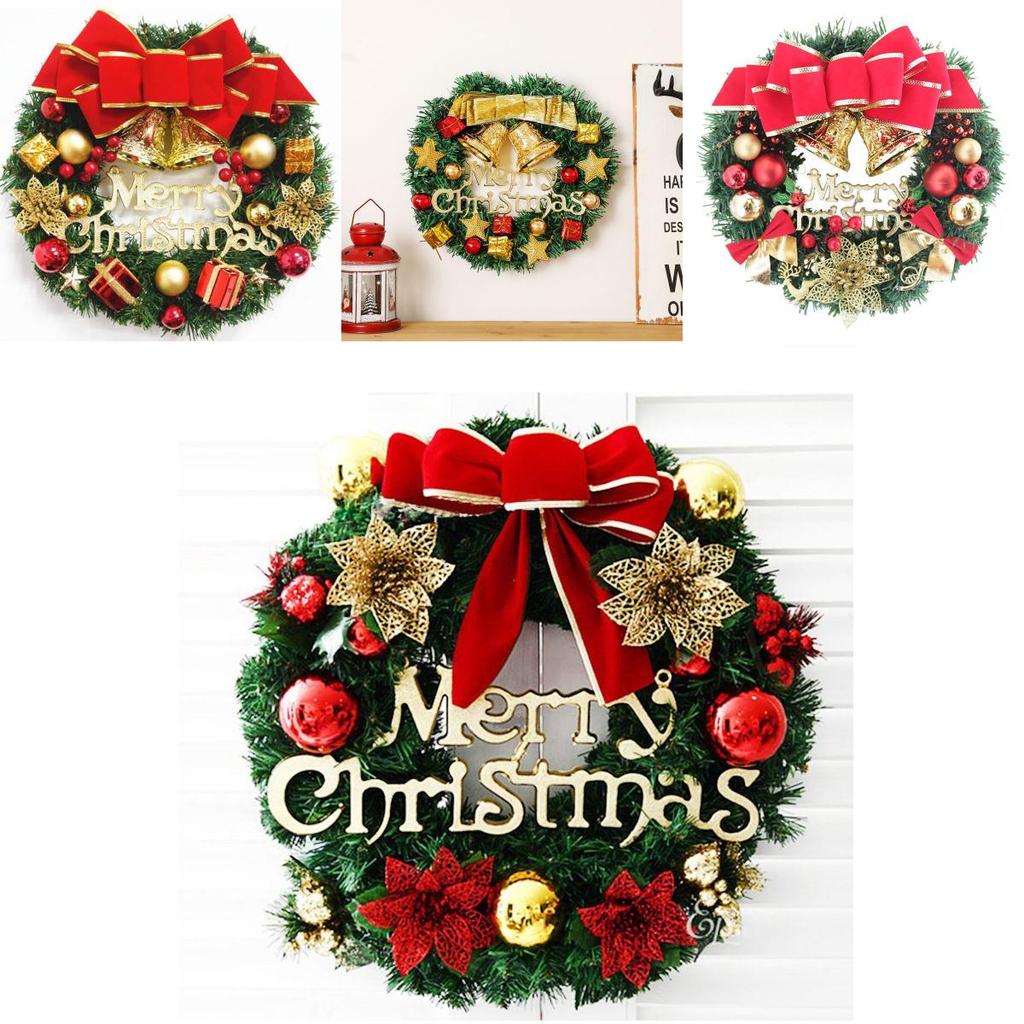 Festive Merry Christmas Wreath Garland With Red Bowknot And Gold Bells For Door Decor