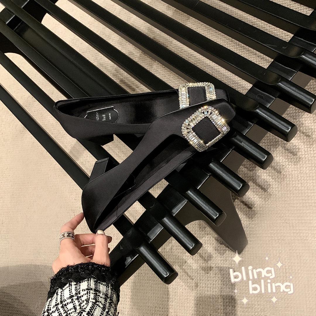 

Su Yinyin Paris Evening Silk Satin Rhinestone Buckle Low-Cut Mid-Heel Square Toe Women s Wedding Shoes 36