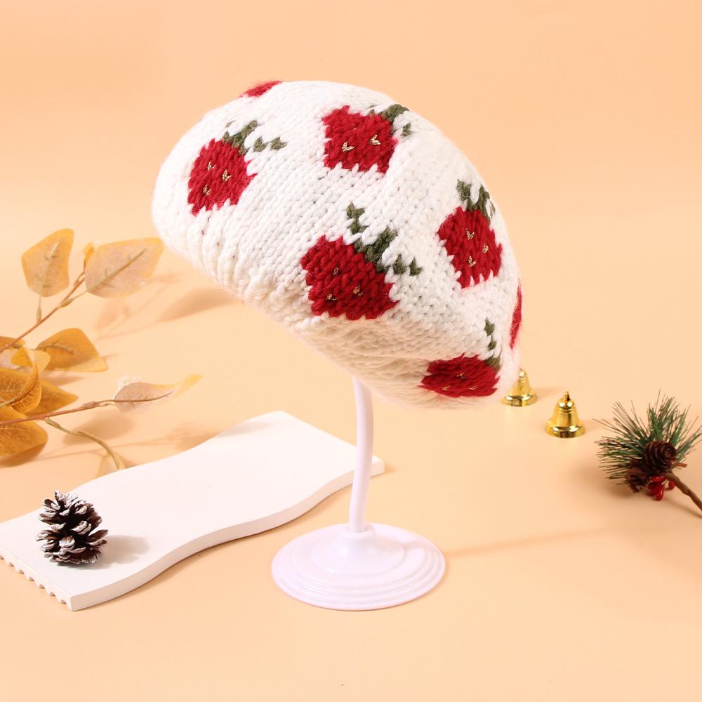 

Style Versatile Hat Sweet Strawberry Womens Outdoor Warm Knitted Berethats білий