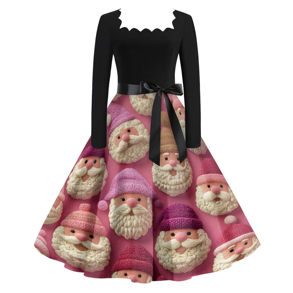 Women's Casual Fashion V Neck Christmas Printed Vintage Dress