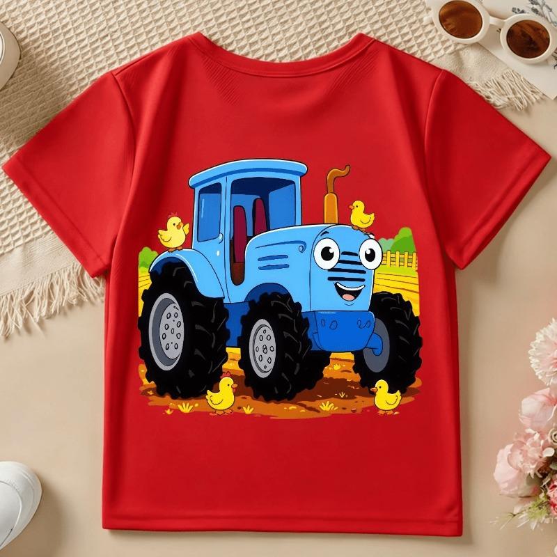 Boys' Short-Sleeve Spring/Summer/Autumn Cartoon Blue Tractor and Farm Chick Cute Print Children's Crew Neck Top