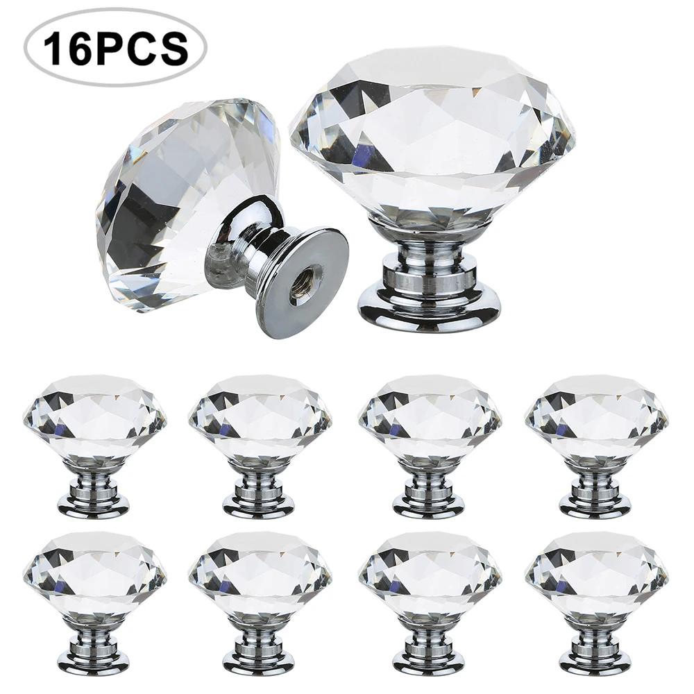 

16pcs Crystal Door Handle 30mm Diamond Shape Single Port Knob Handle for Cabinet Drawer Door Cupboard Wardrobe Closet Hardware прозрачный