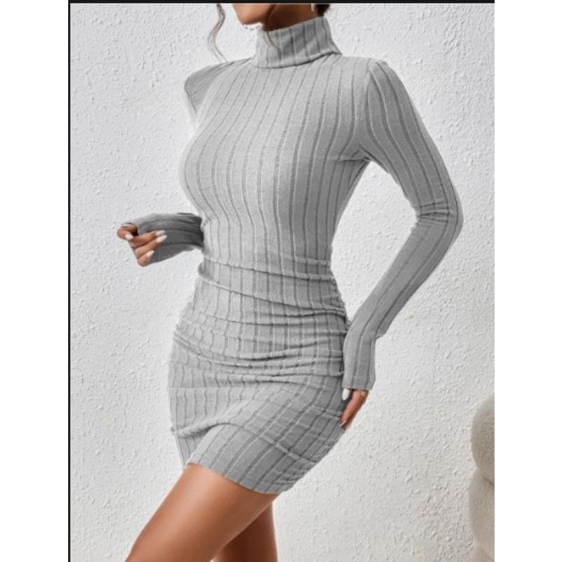 Mode Rollkragen Damen Strick Kurzkleid Herbst und Winter Neu Langarm Rippstrick Hüftbetont Lässige Partykleider Bodycon Schlichte Kleidung 2708