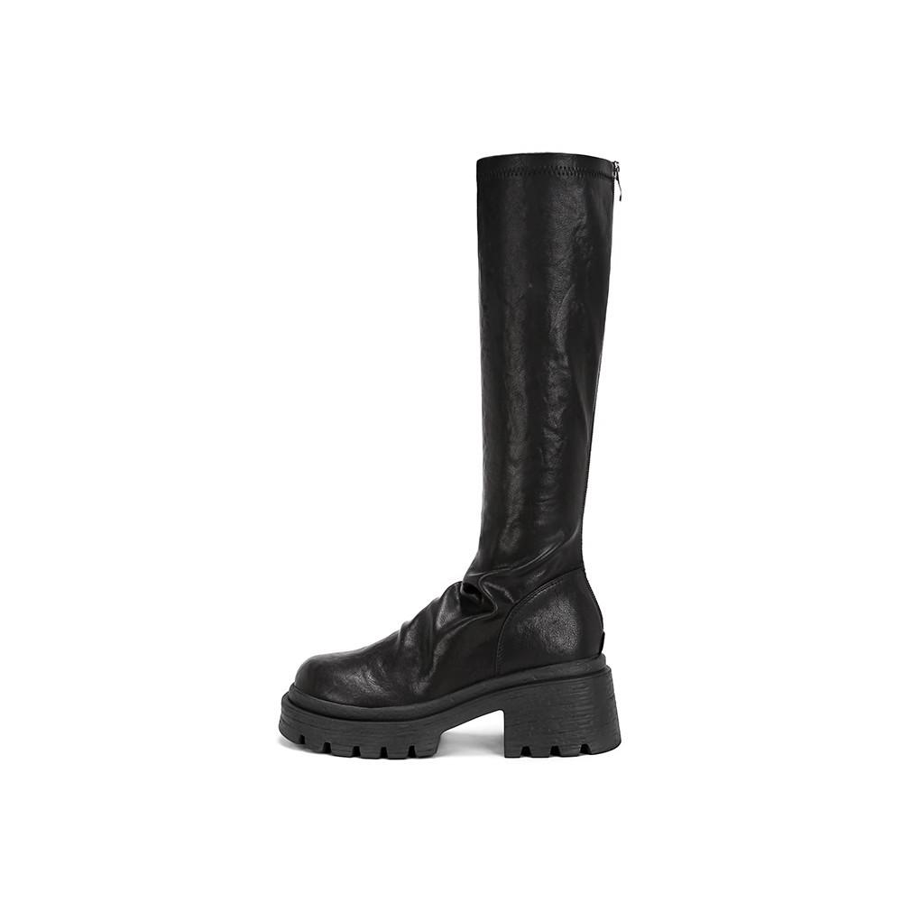 

Women Fashion Boot Autumn Winter Thick Heel Roughened Elastic Korean round Toe Mid Calf Rubber Outsole 35