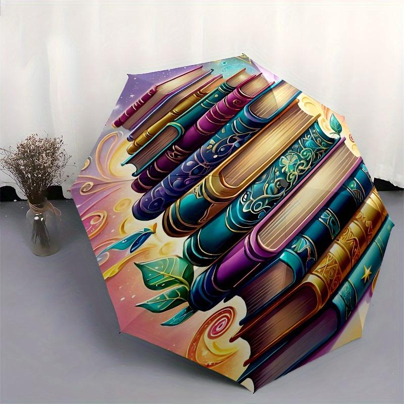 Book Tower, Fantasy Literature Automatic Opening and Closing Umbrella, Compact Travel Umbrella, Lightweight and Portable, Suitable for Beach