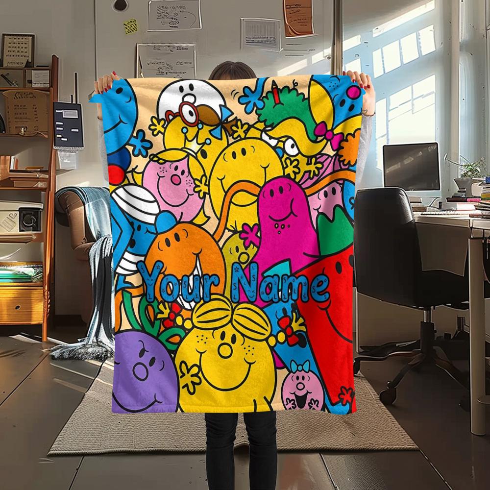 1PC Mr Men Adventure Custom Name Patterned Flannel Blanket Suitable For All Seasons For Home Decor Warmth And Comfort Gifts Holiday Present