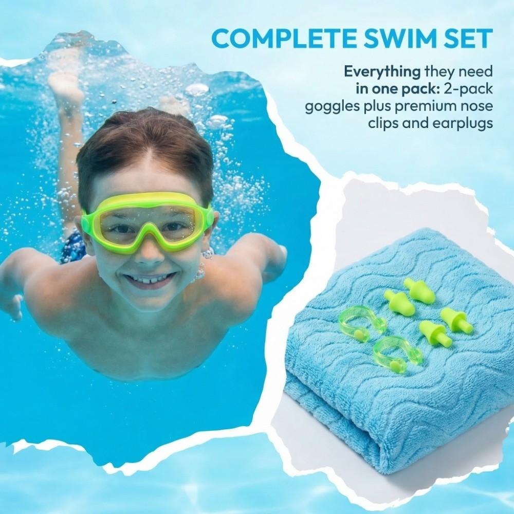 2 Pack Attached Earplugs Kids Swim Goggles Adjustable Comfortable Anti Fog Goggles Anti-UV with Nose Clip Waterproof Goggles